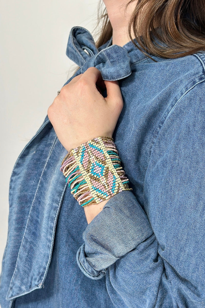 Southwestern Seed Bead Stretch Bracelet - Pink