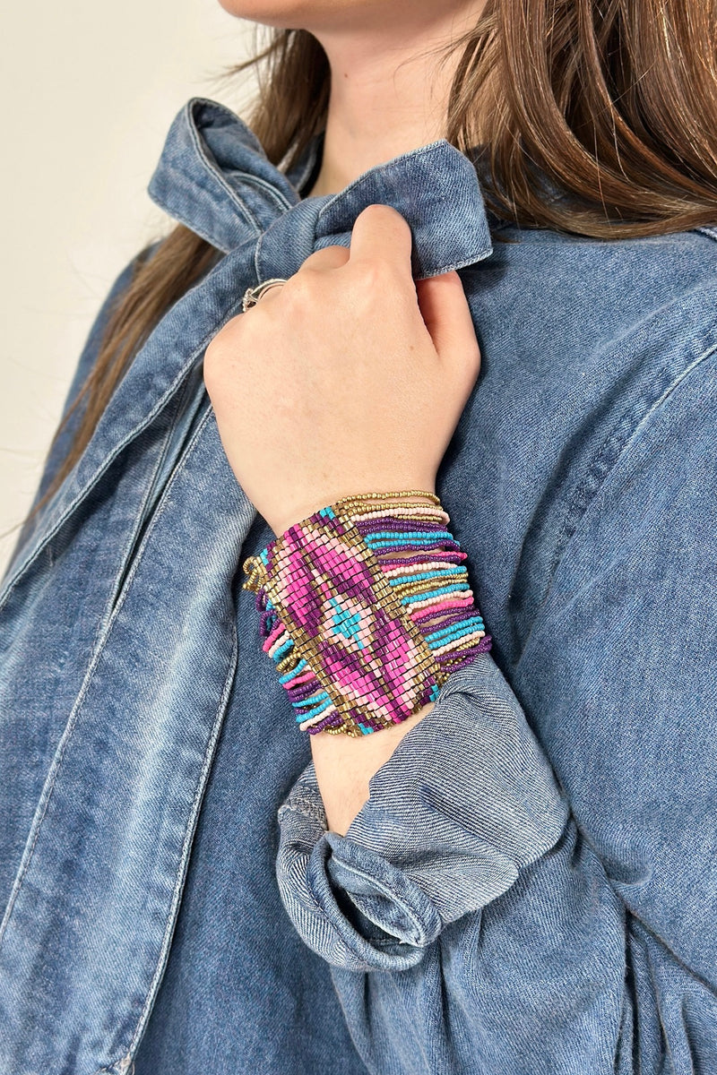 Southwestern Seed Bead Stretch Bracelet - Fuchsia