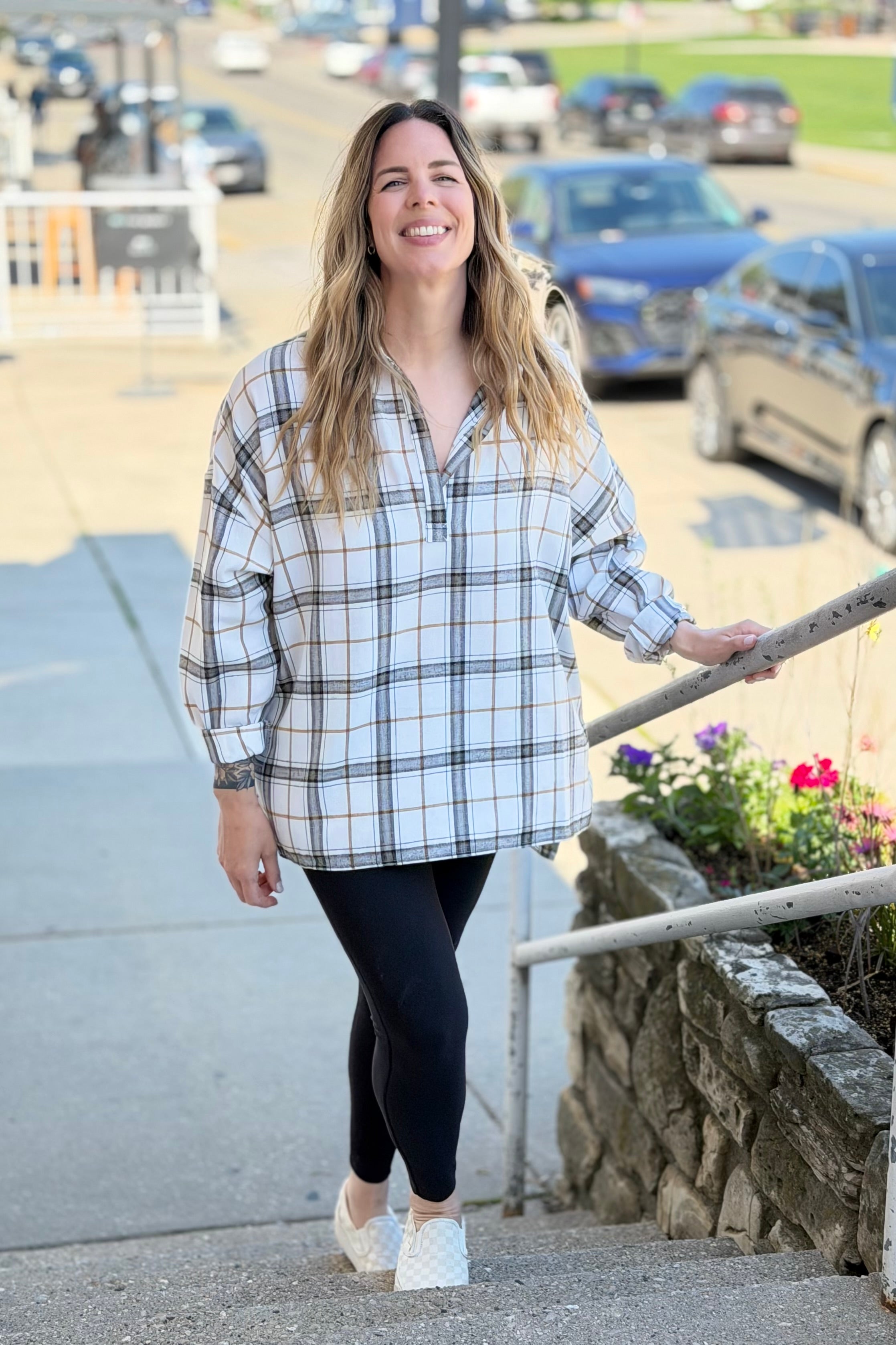 Tamra Plaid V-Neck Shirt - White