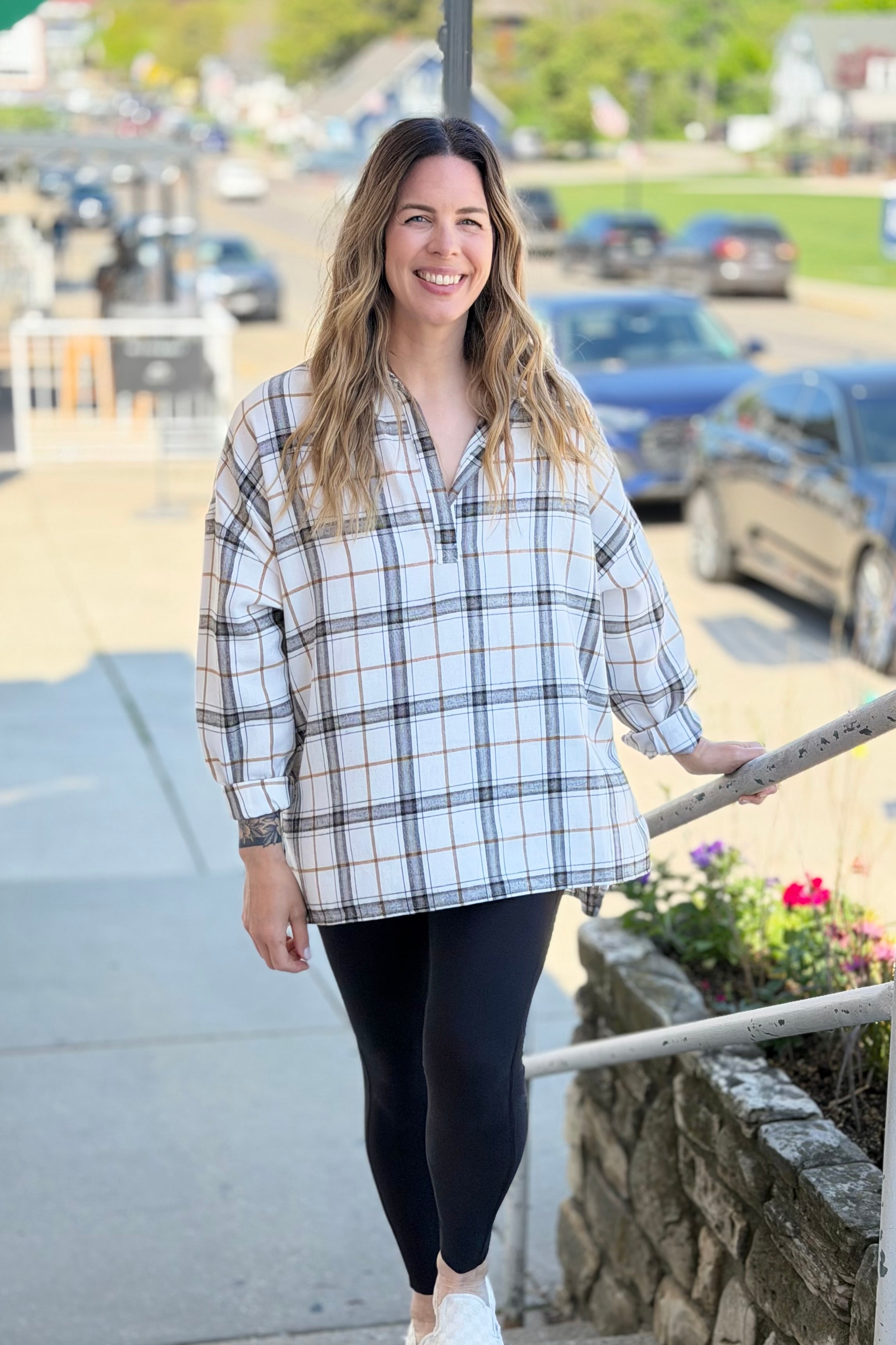 Tamra Plaid V-Neck Shirt - White