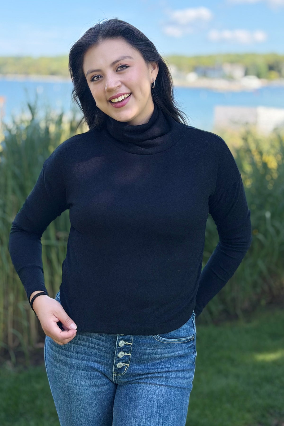 Brushed Cowl Neck Top - Black
