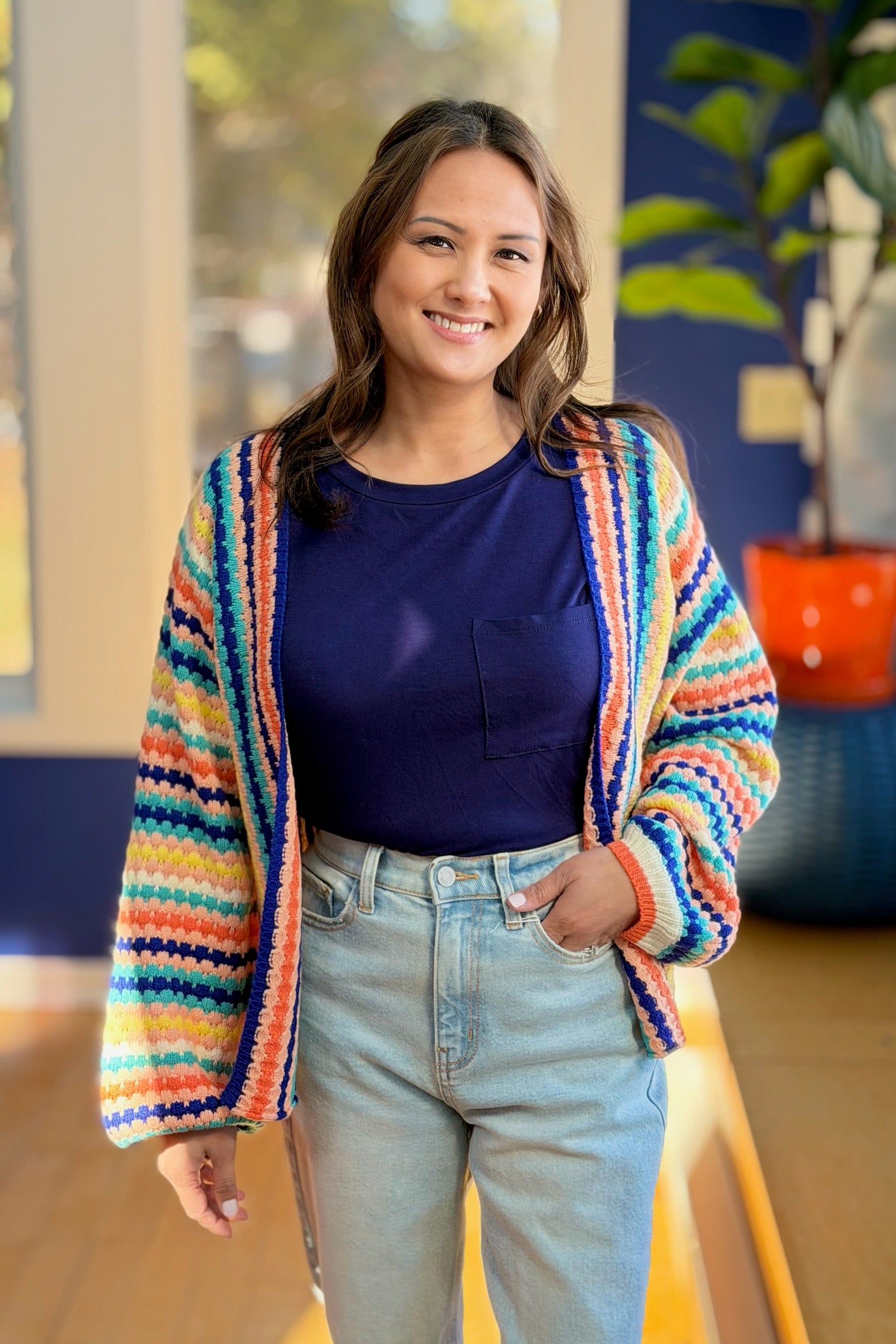 Color Striped Knitted Loose Cardigan