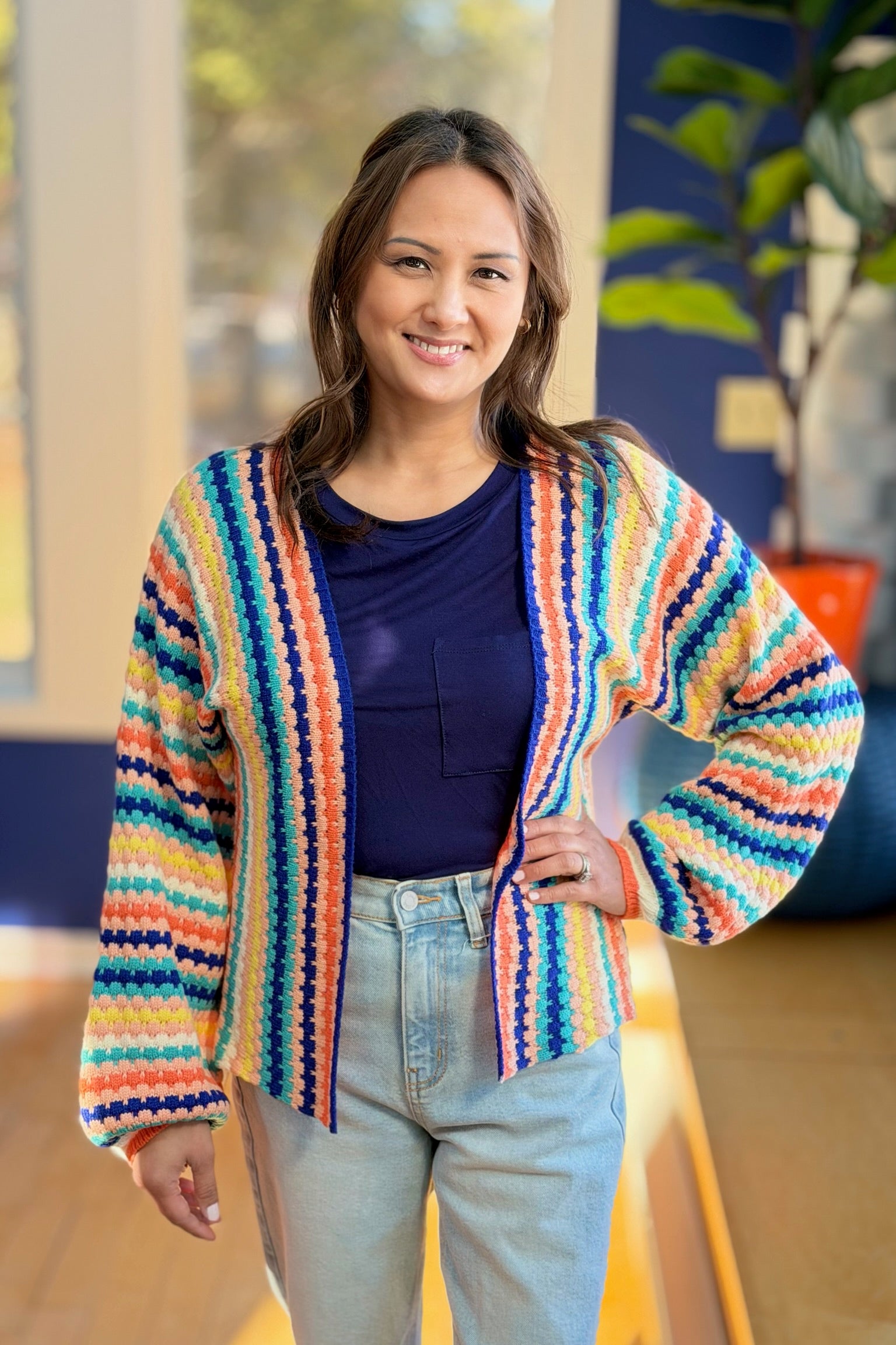 Color Striped Knitted Loose Cardigan