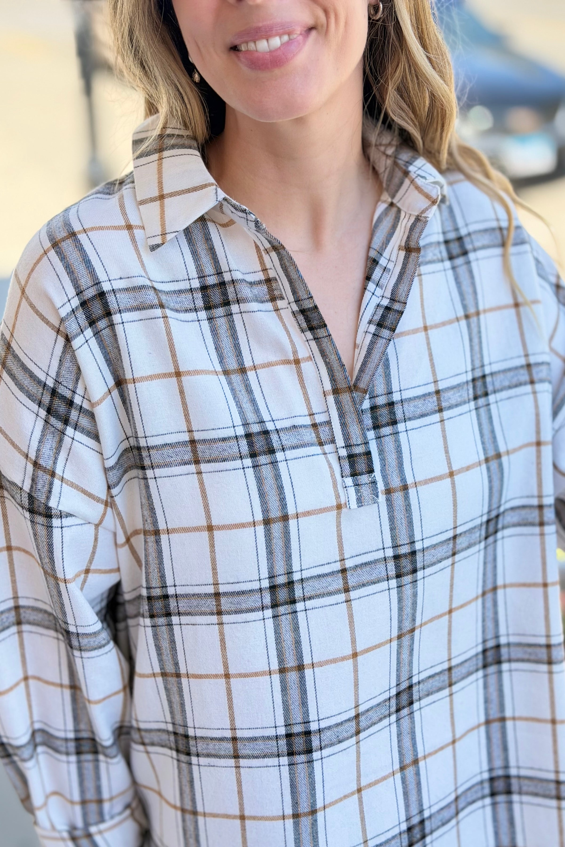 Tamra Plaid V-Neck Shirt - White