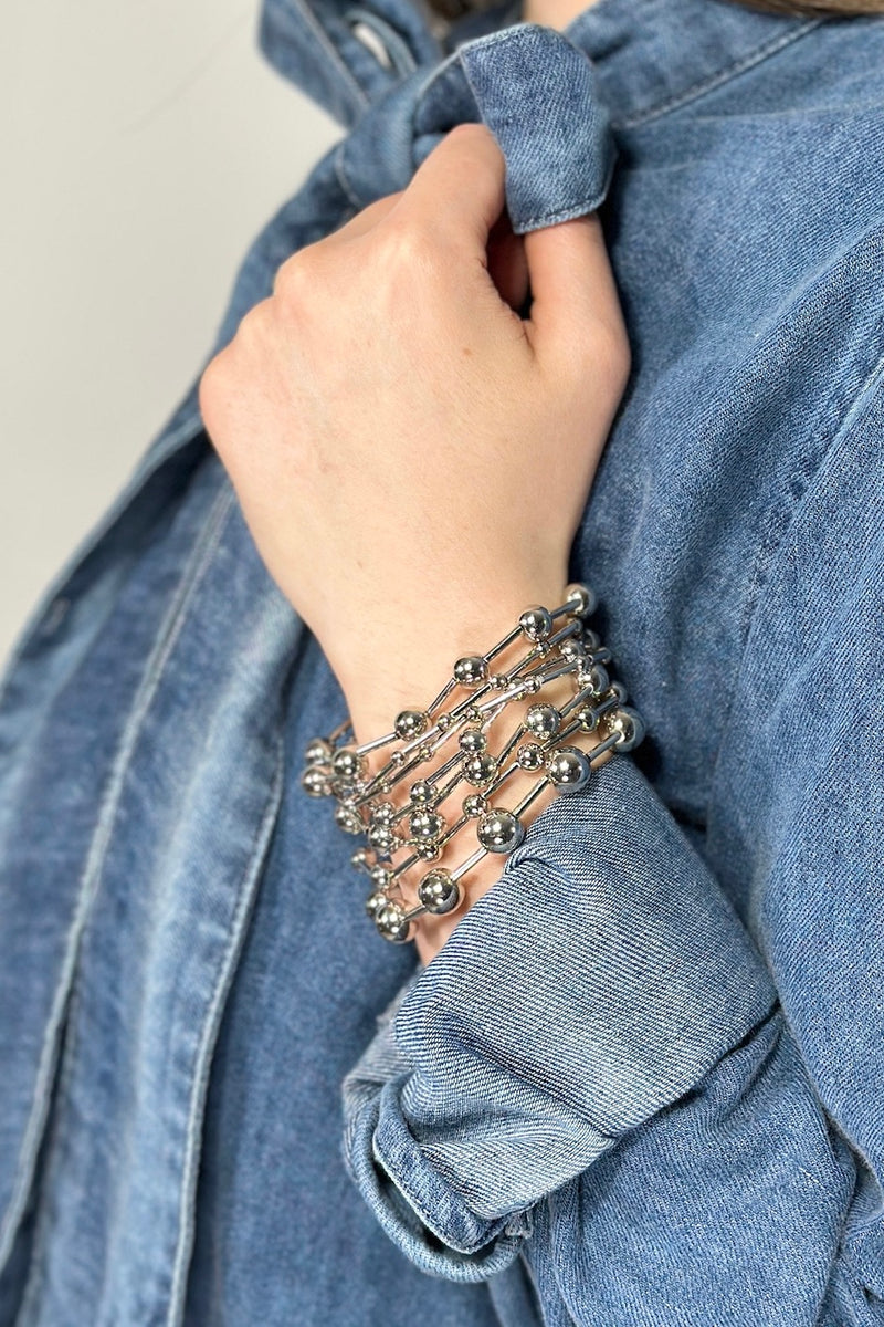 Shiny Ball Bead Stretch Bracelet - Silver