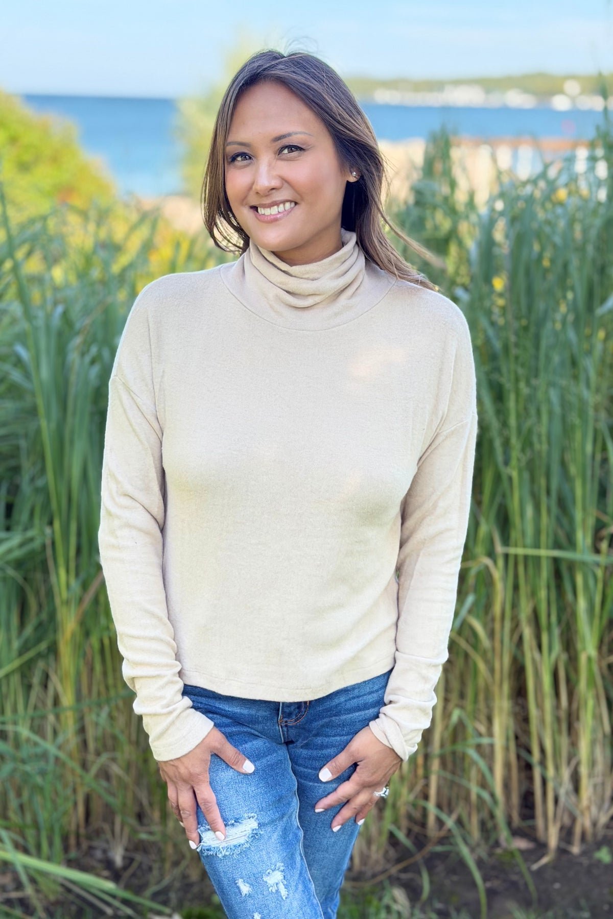 Brushed Cowl Neck Top - Taupe