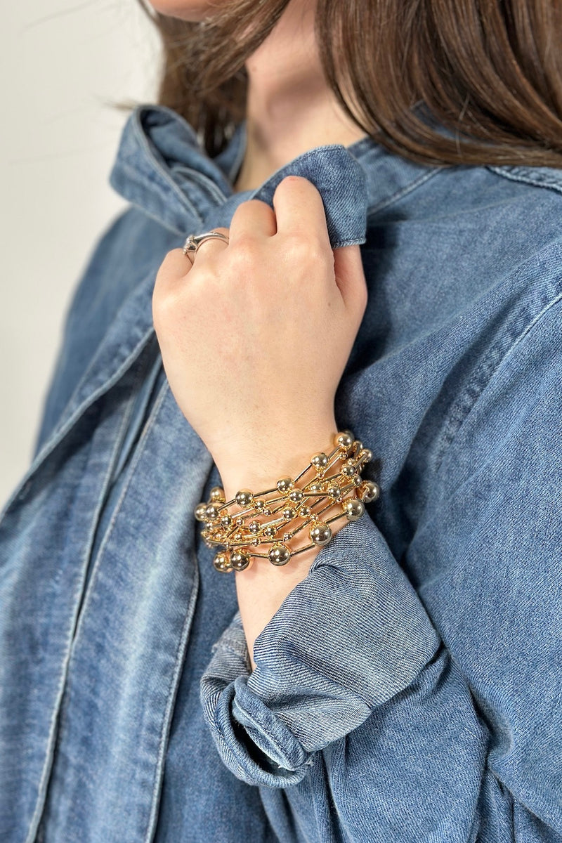 Shiny Ball Bead Stretch Bracelet - Gold