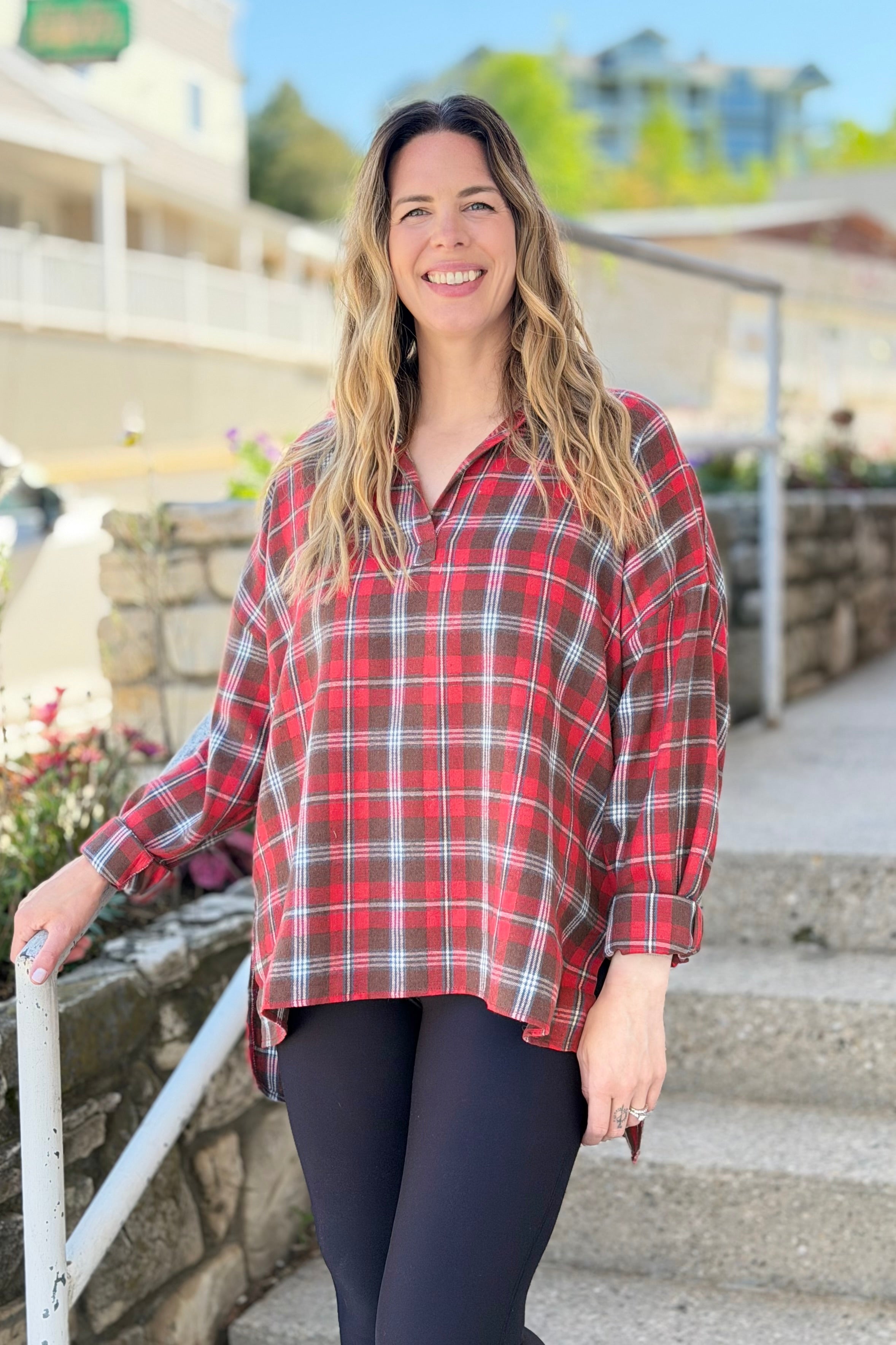 Tamra Plaid V-Neck Shirt - Red