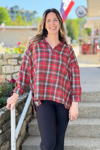 Tamra Plaid V-Neck Shirt - Red