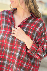 Tamra Plaid V-Neck Shirt - Red