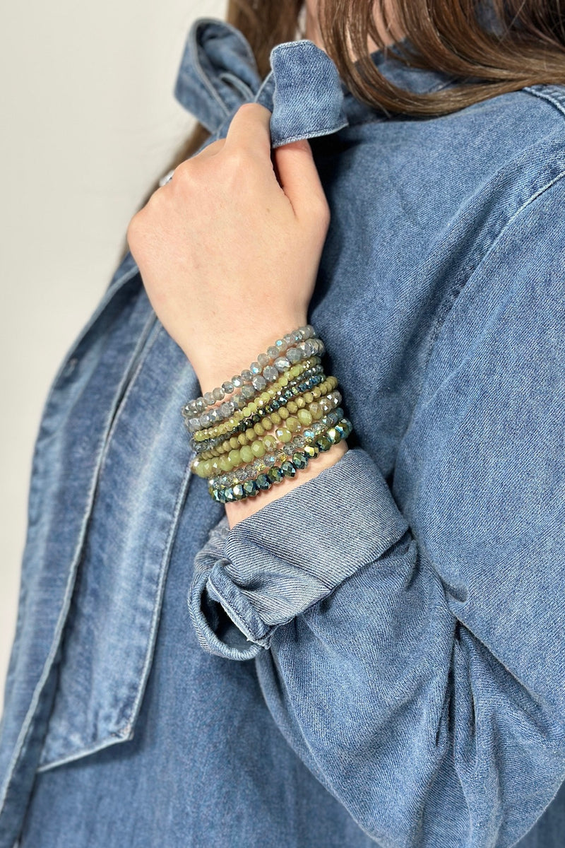 Glass Bead 9 Set Bracelet - Olive