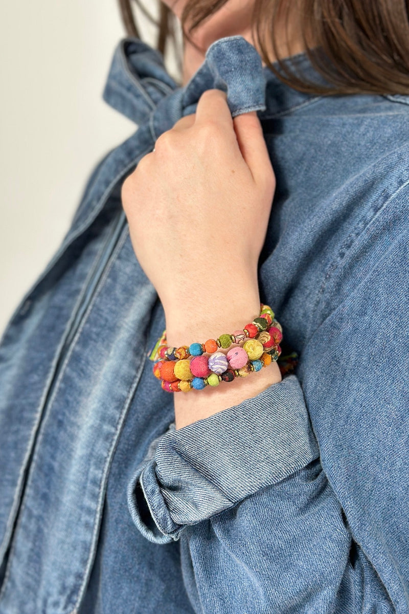 Handmade Beaded Coil Bracelet with Tassels - Multi