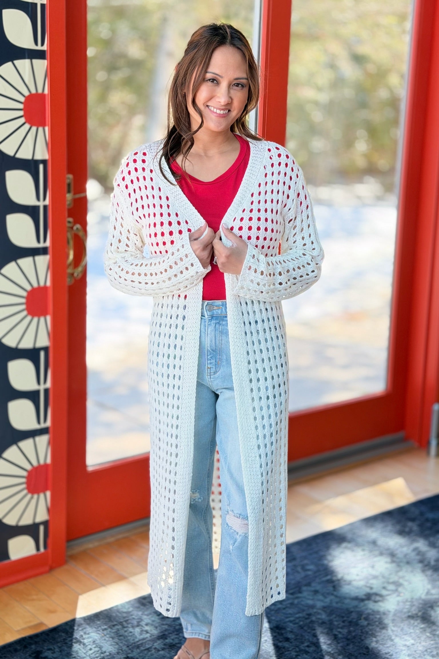 Open Knit Long Line Cardigan - Ivory