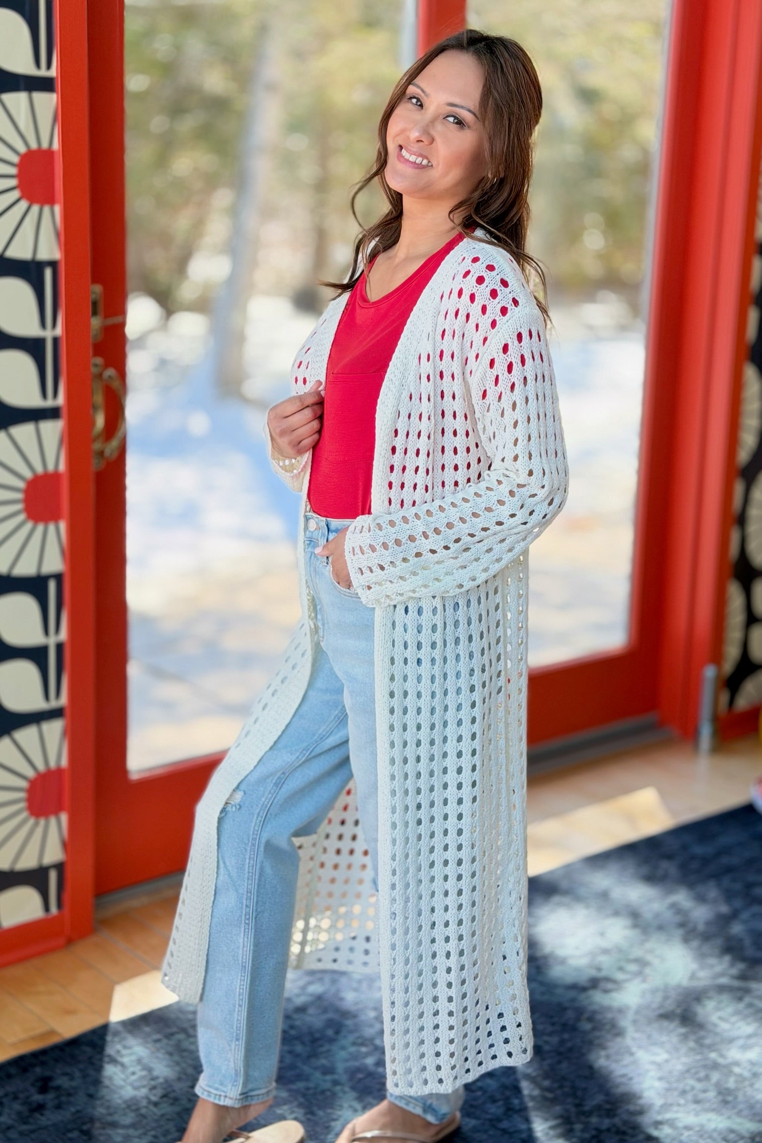 Open Knit Long Line Cardigan - Ivory