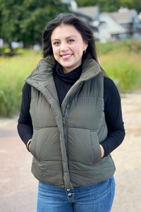 High Neck Puffer Vest - Olive