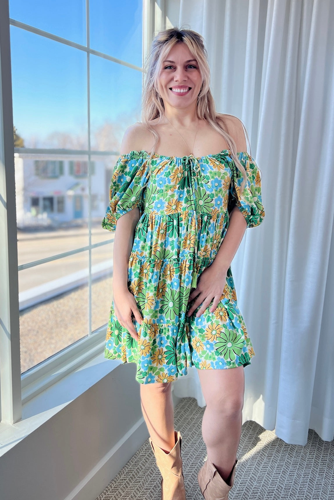 Floral Print Mini Dress - Green