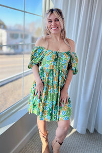 Floral Print Mini Dress - Green