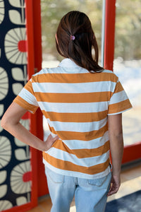 Wide Knit Stripe Polo Top - Cognac