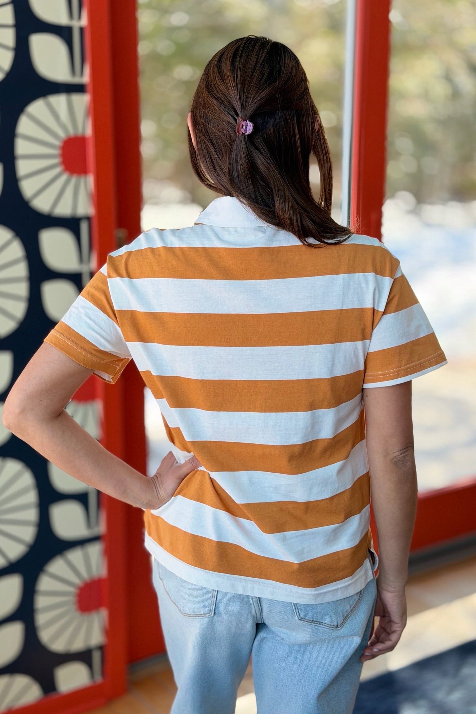 Wide Knit Stripe Polo Top - Cognac