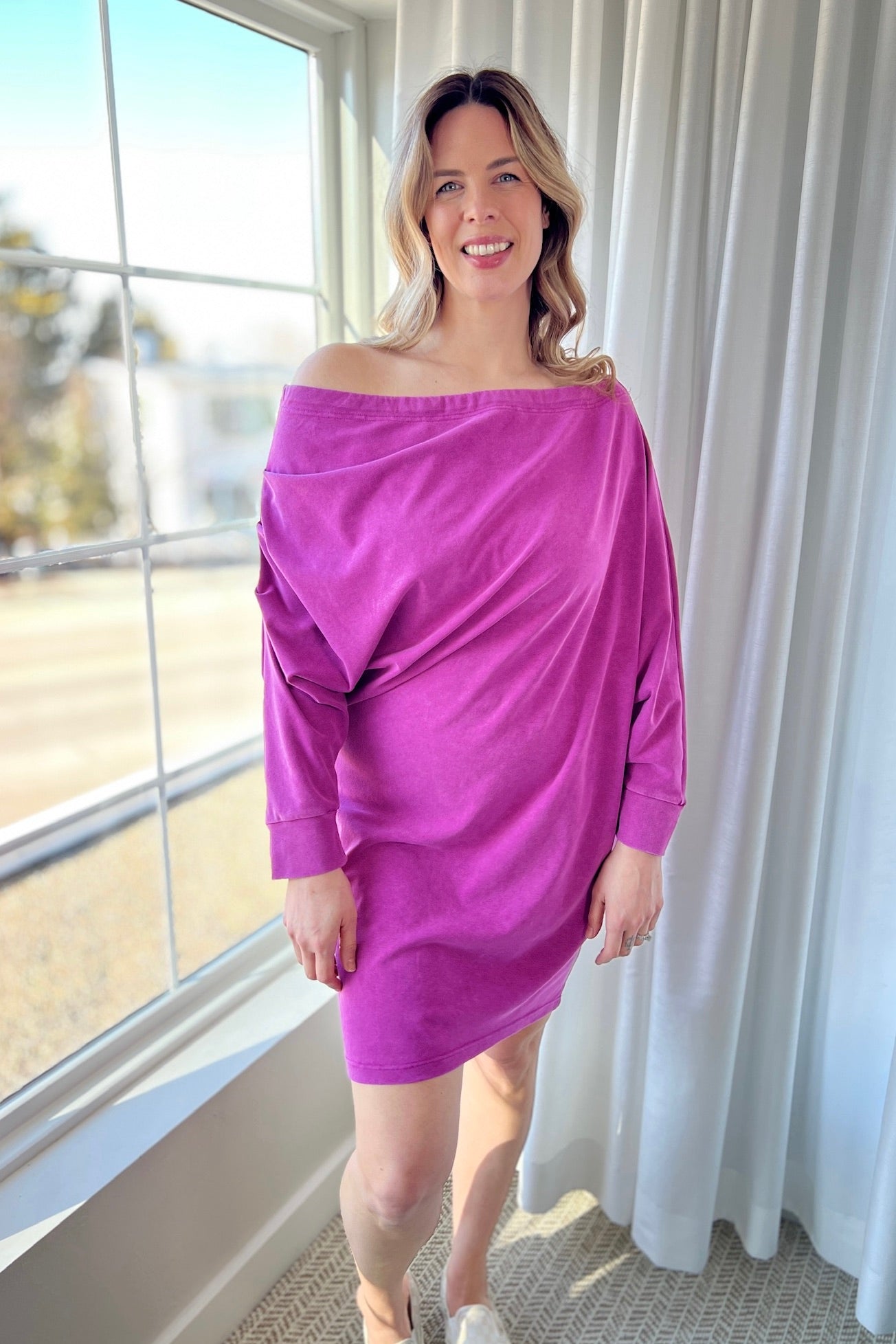 Off Shoulder Asymmetrical Tunic - Magenta