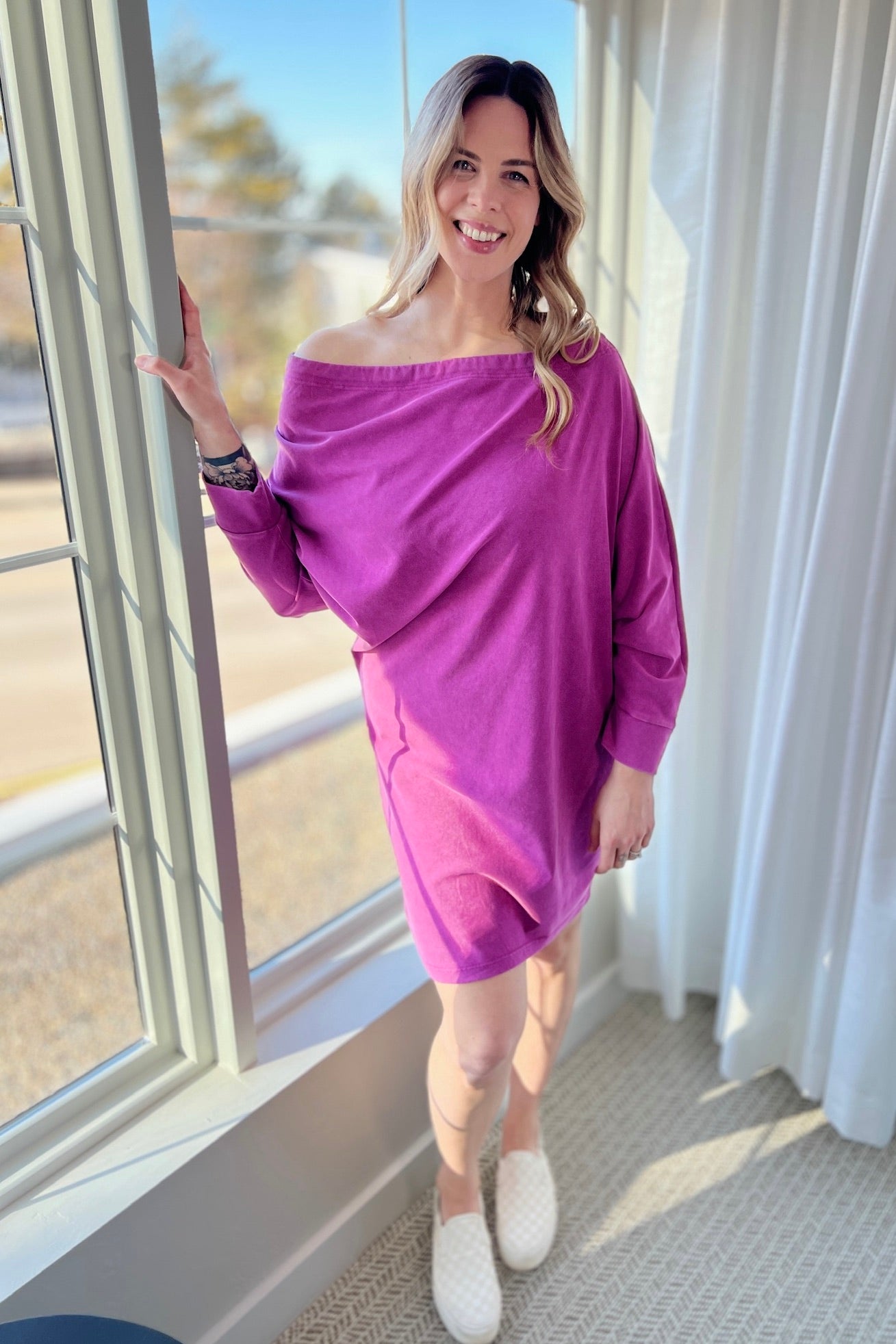 Off Shoulder Asymmetrical Tunic - Magenta