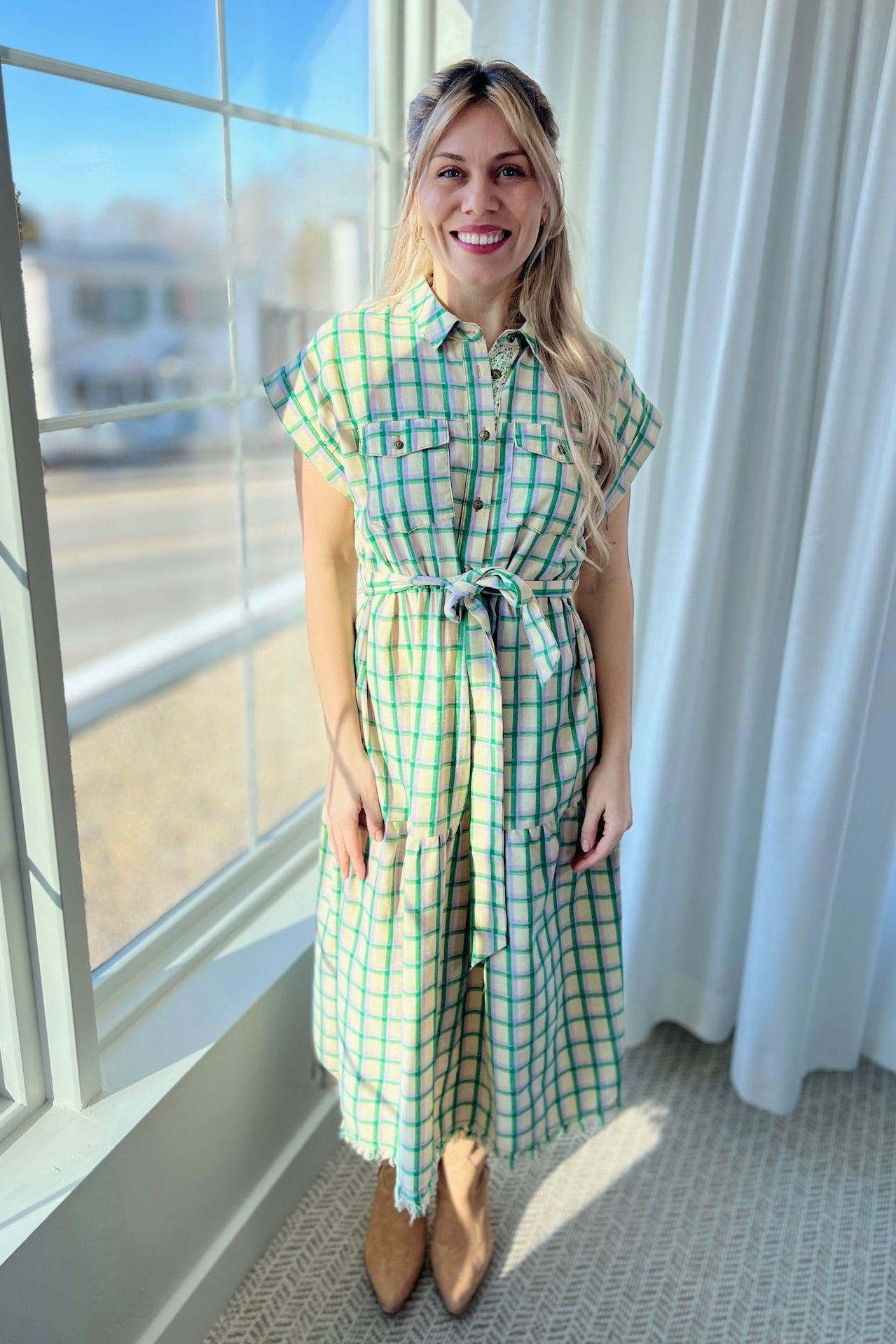 Maxi Dress Half Button Dress - Green