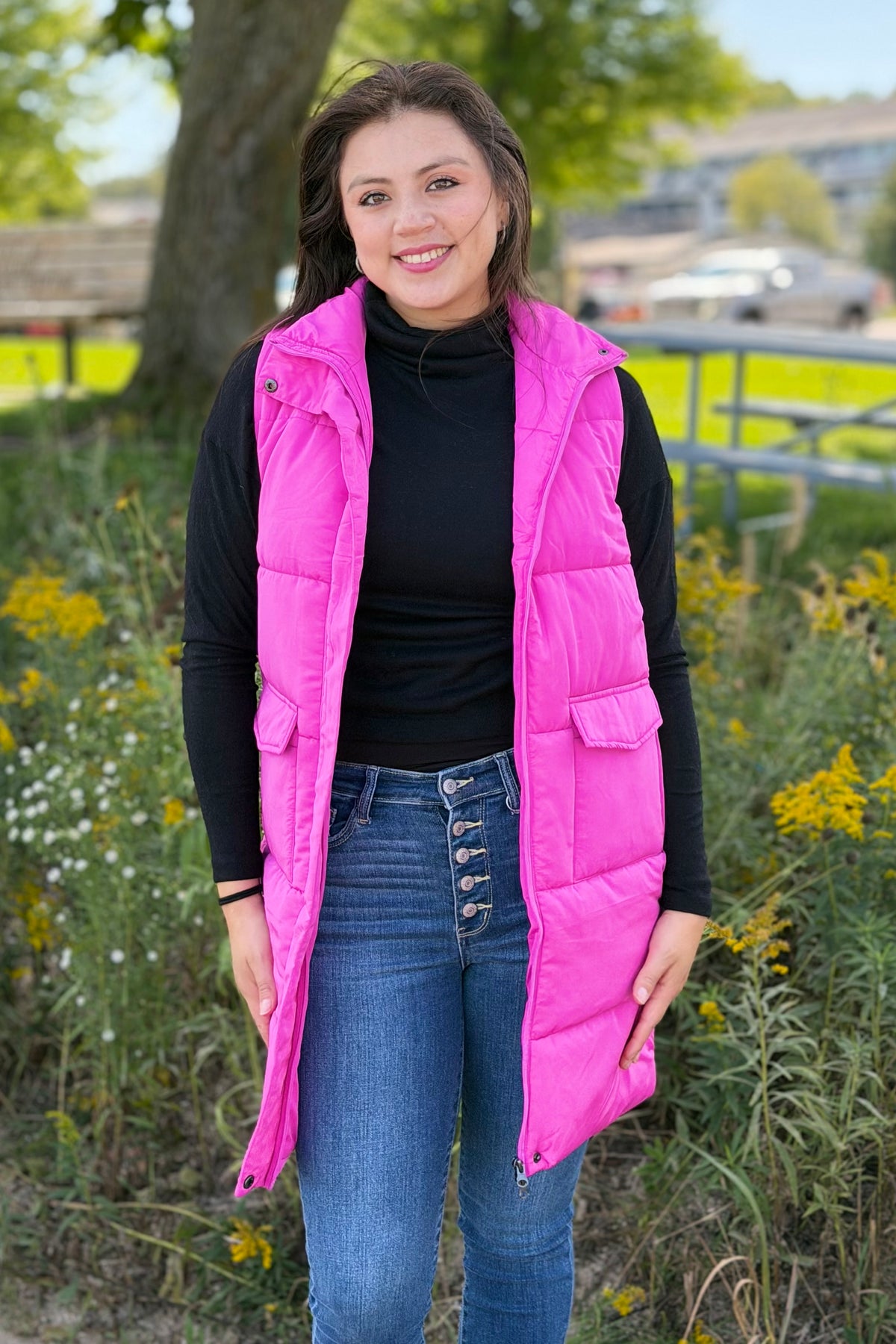Long Down Vest - Fuchsia
