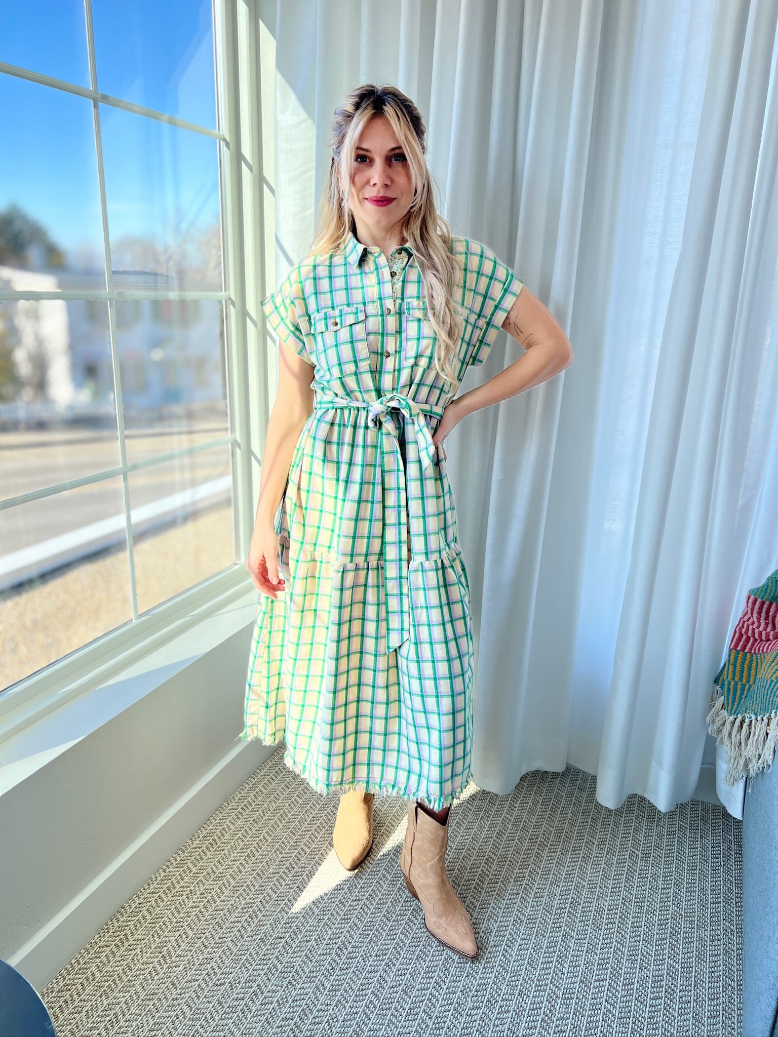 Maxi Dress Half Button Dress - Green