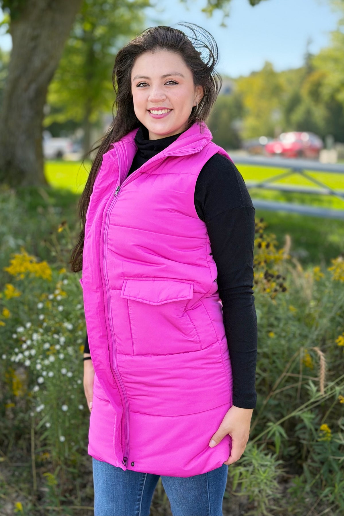 Long Down Vest - Fuchsia