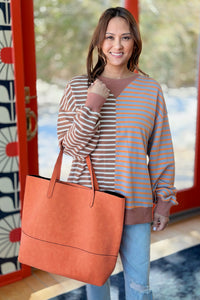Stripe Colorblock Oversize Sweatshirt - Brown