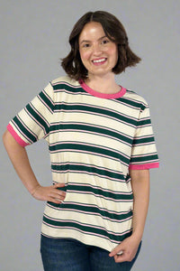 Striped Tee with Contrast Rib Band