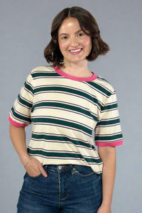 Striped Tee with Contrast Rib Band