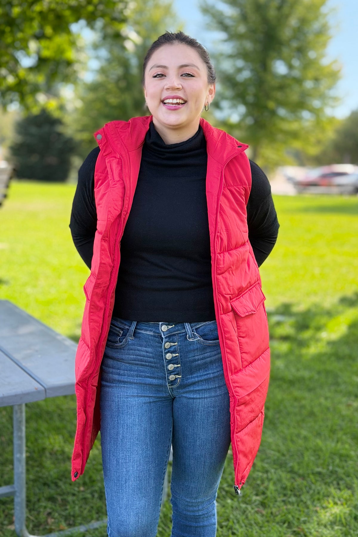 Long Down Vest - Red