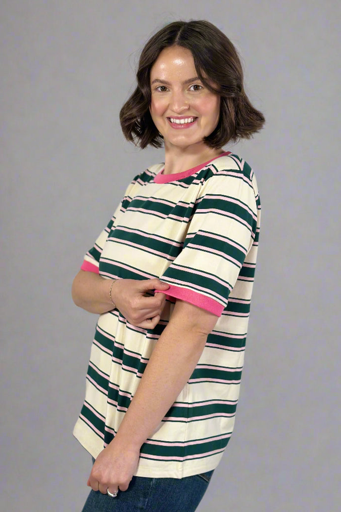 Striped Tee with Contrast Rib Band