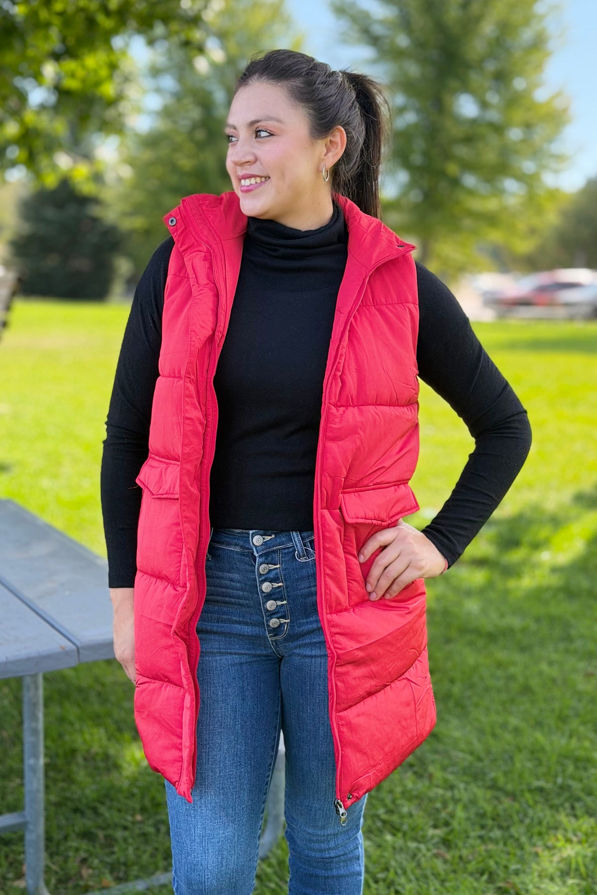 Long Down Vest - Red