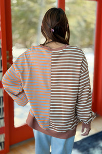 Stripe Colorblock Oversize Sweatshirt - Brown