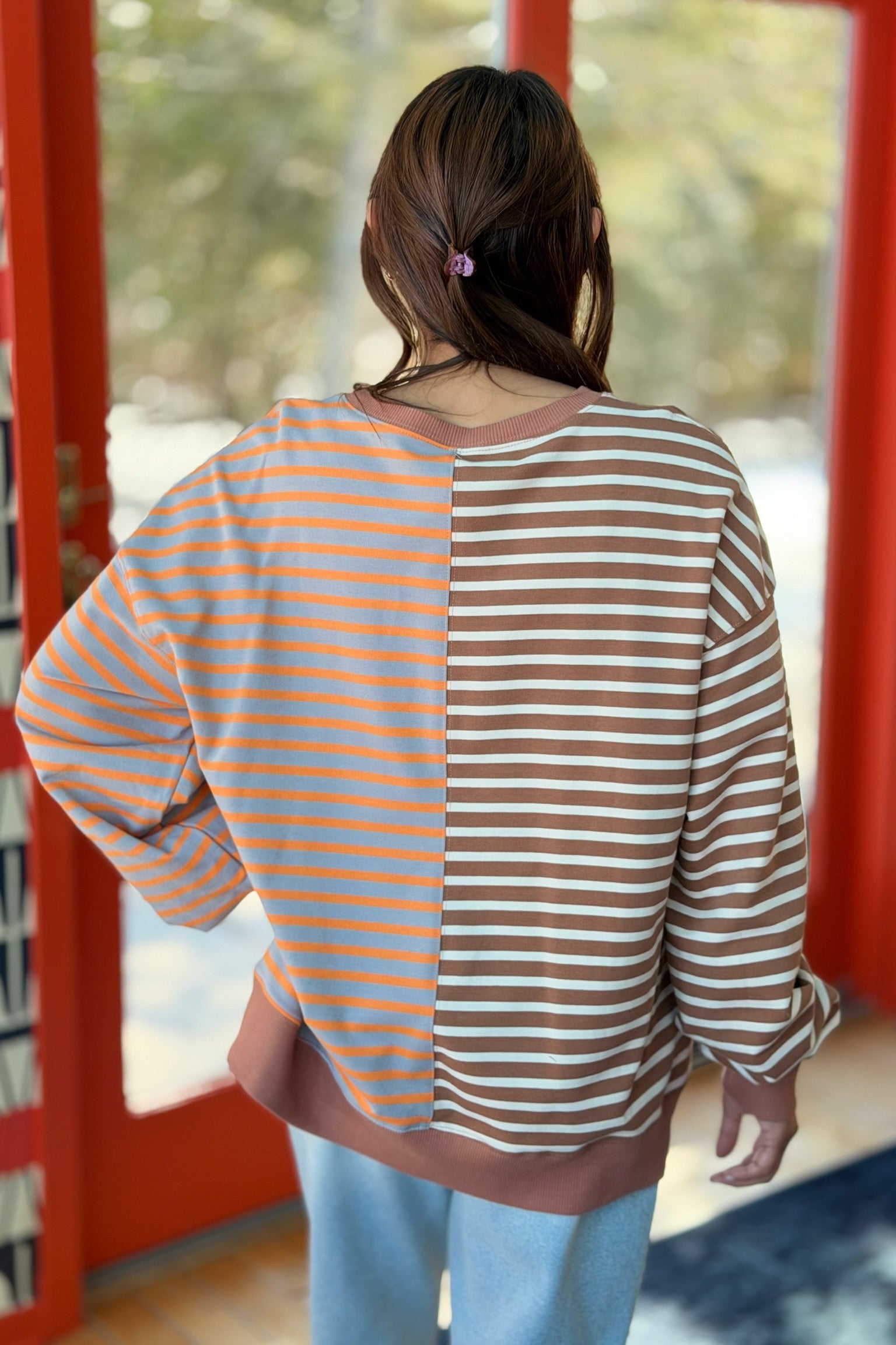 Stripe Colorblock Oversize Sweatshirt - Brown