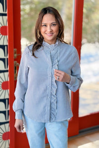 Side Ruffle Button Down Shirt - Black