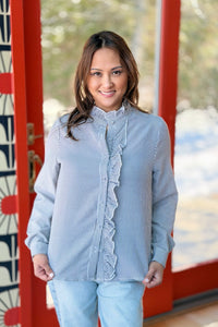 Side Ruffle Button Down Shirt - Black