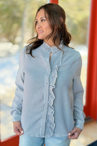 Side Ruffle Button Down Shirt - Black