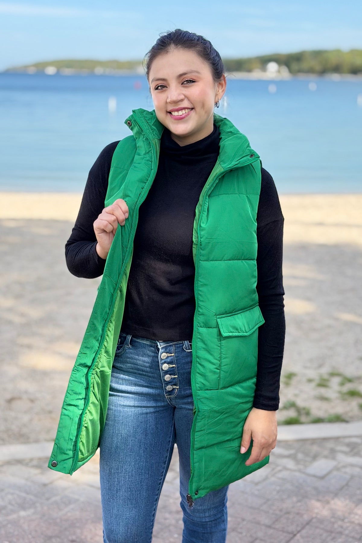 Long Down Vest - Green