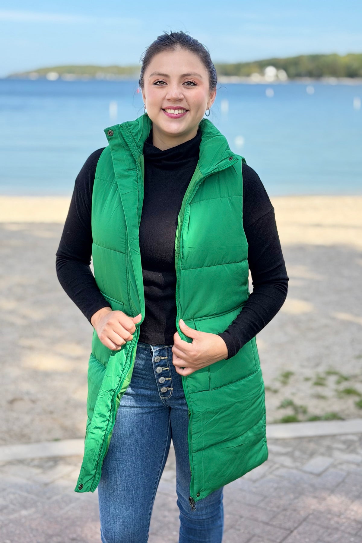 Long Down Vest - Green