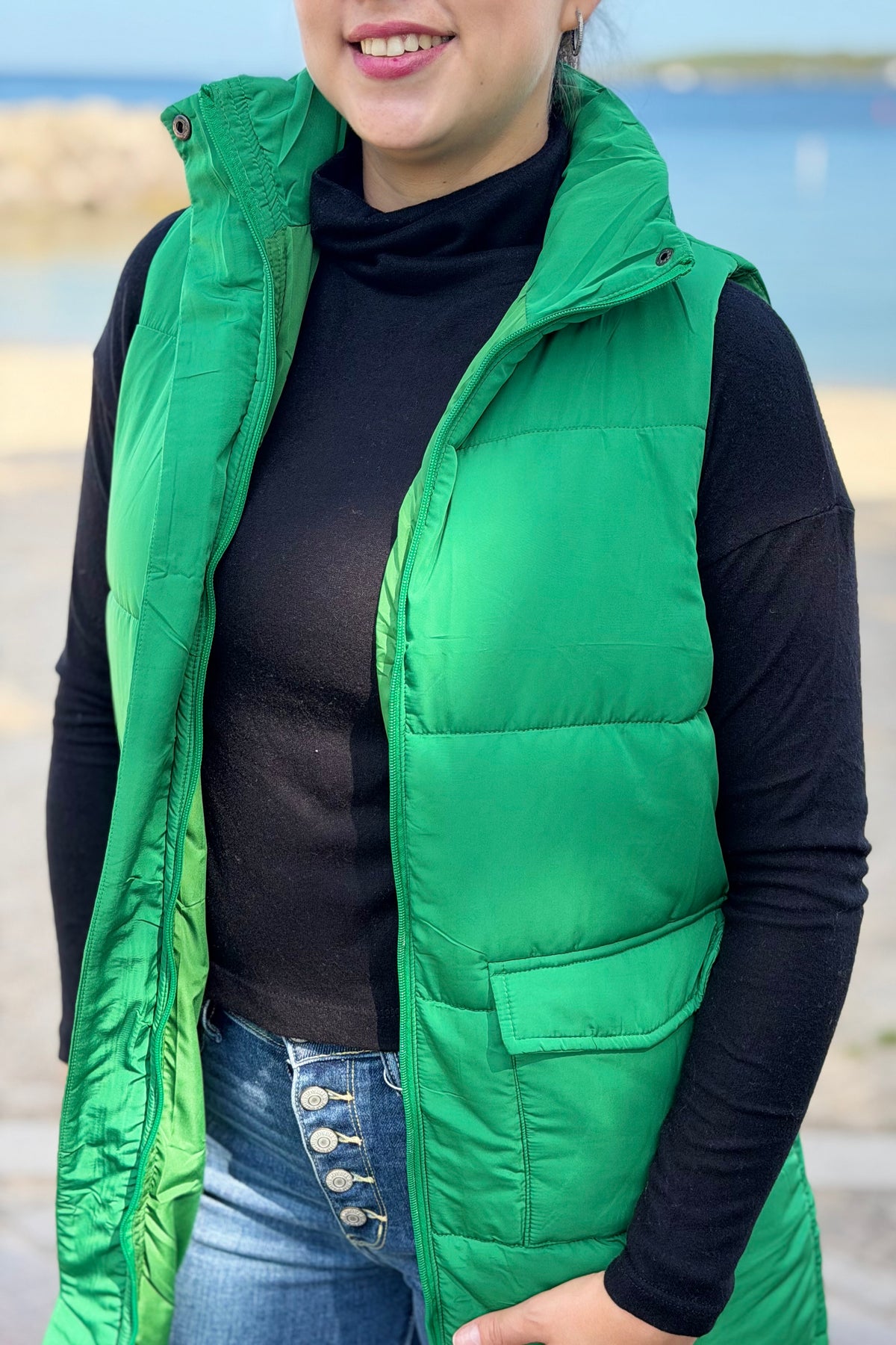 Long Down Vest - Green