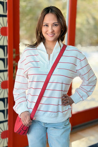 Casual Stripe V-Neck Zip Top - Red