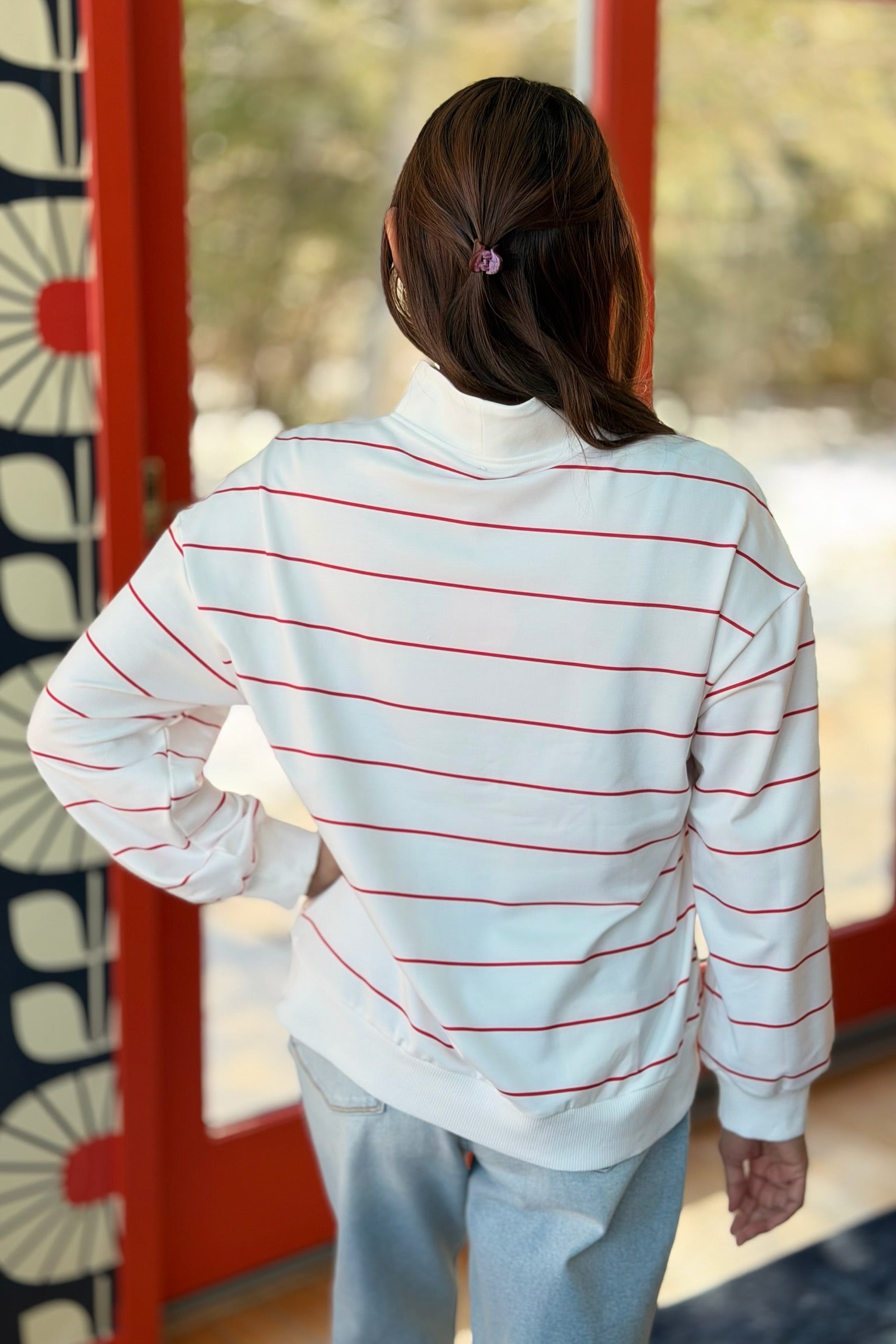 Casual Stripe V-Neck Zip Top - Red