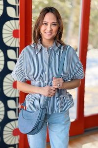 Striped Peplum Button-Up Shirt - Navy