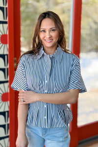 Striped Peplum Button-Up Shirt - Navy