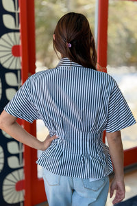 Striped Peplum Button-Up Shirt - Navy