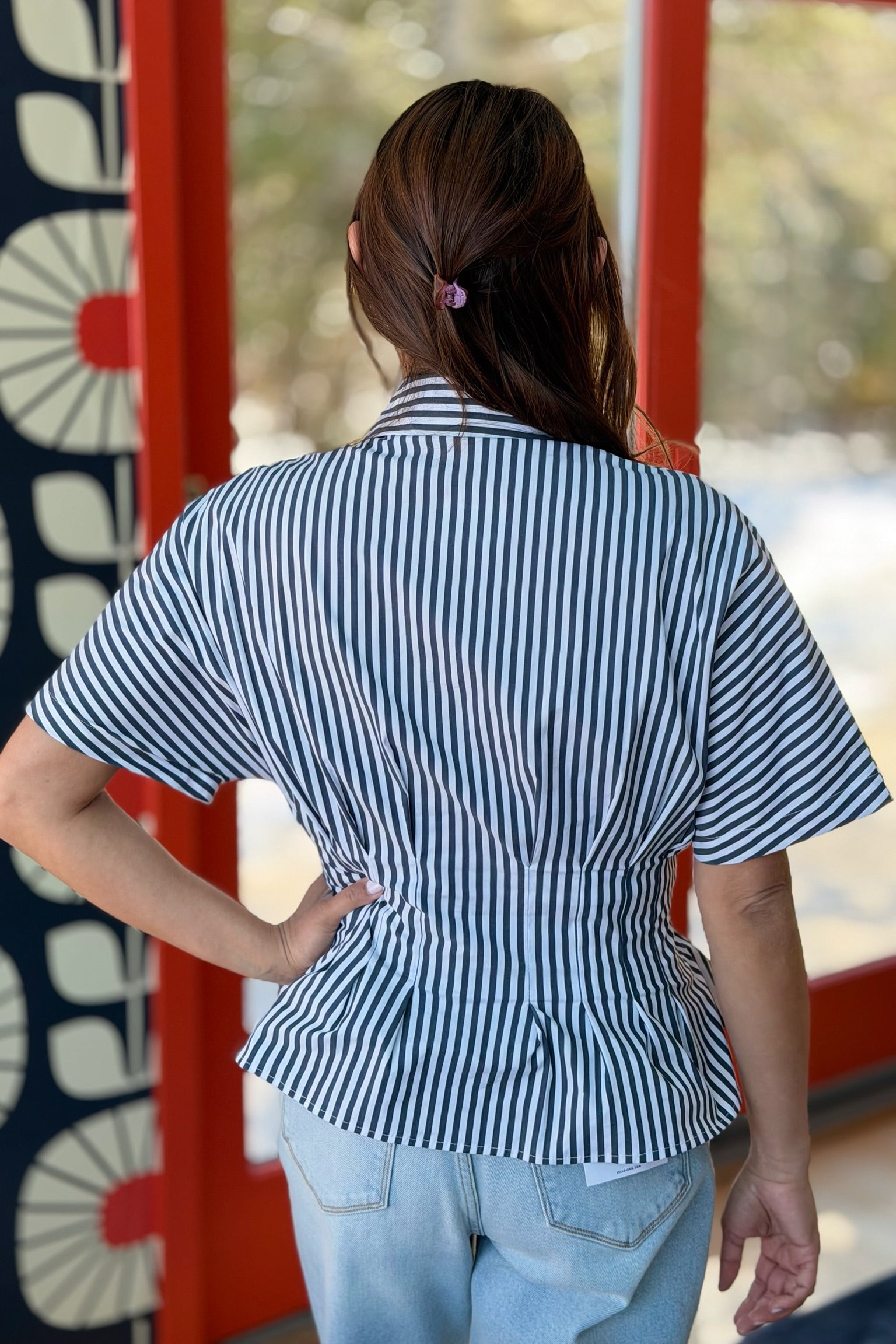 Striped Peplum Button-Up Shirt - Navy
