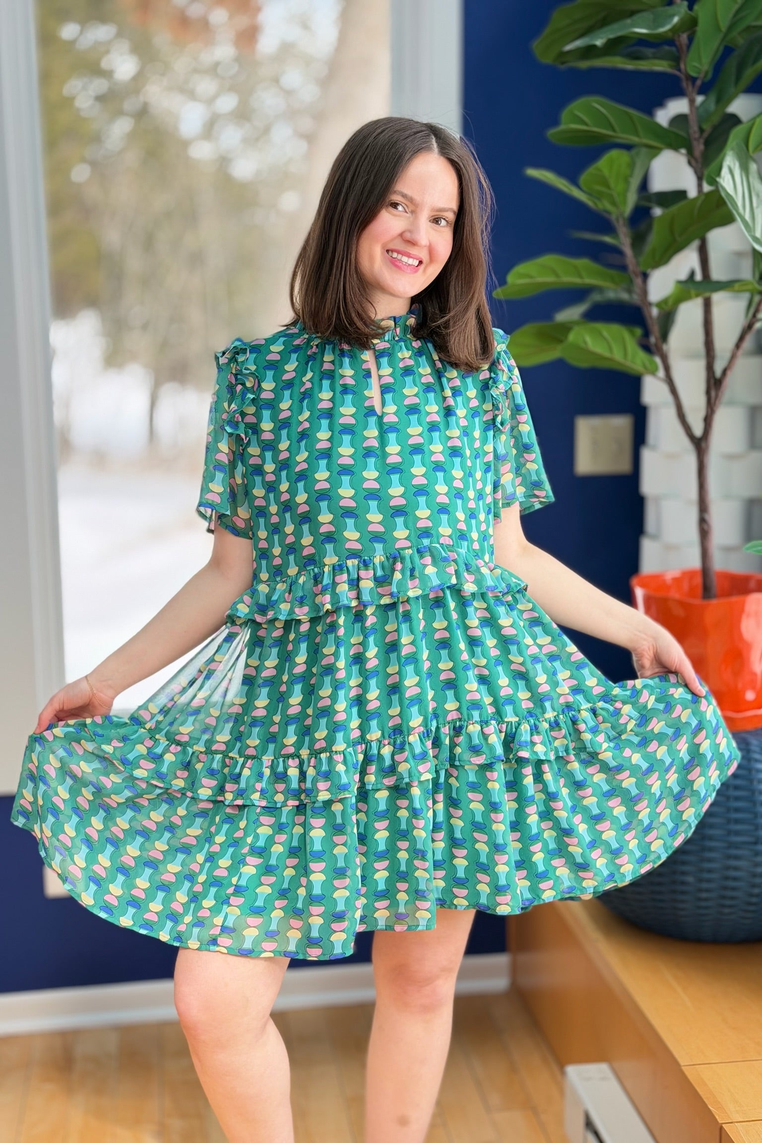 Abstract Ruffle Dress - Green